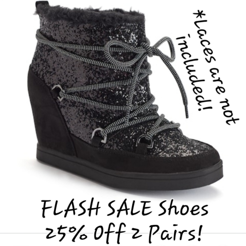* Juicy Couture Mareen Wedge Ankle Glitter Sparkle Booties Black - No Shoe Laces